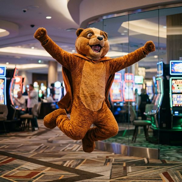 Costumed hero mascot leaping by slot machine