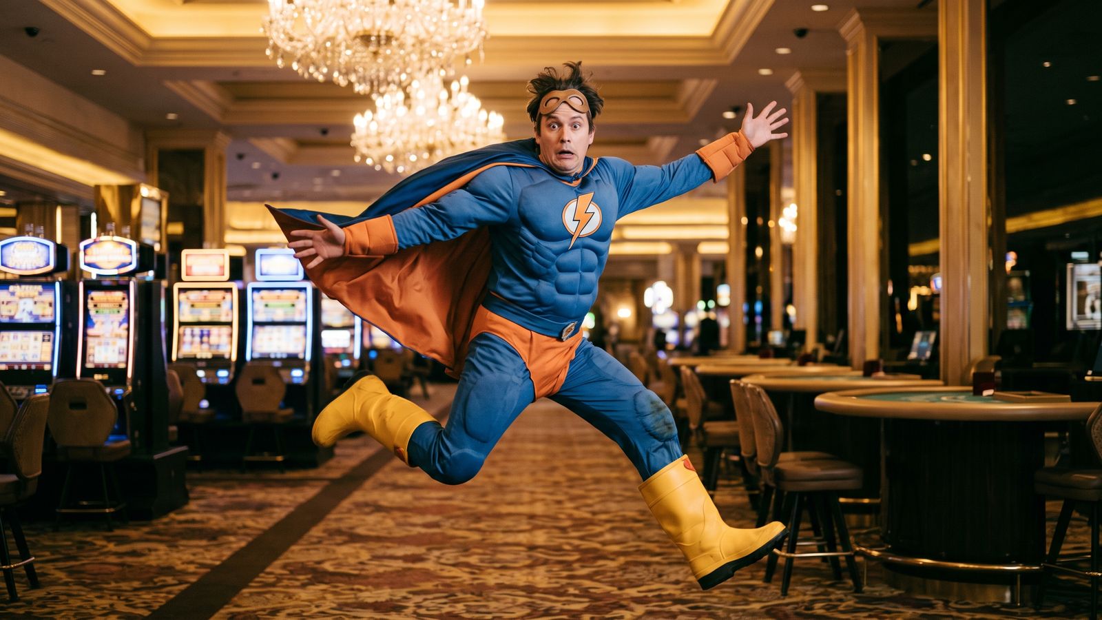 Costumed hero mascot leaping across casino floor
