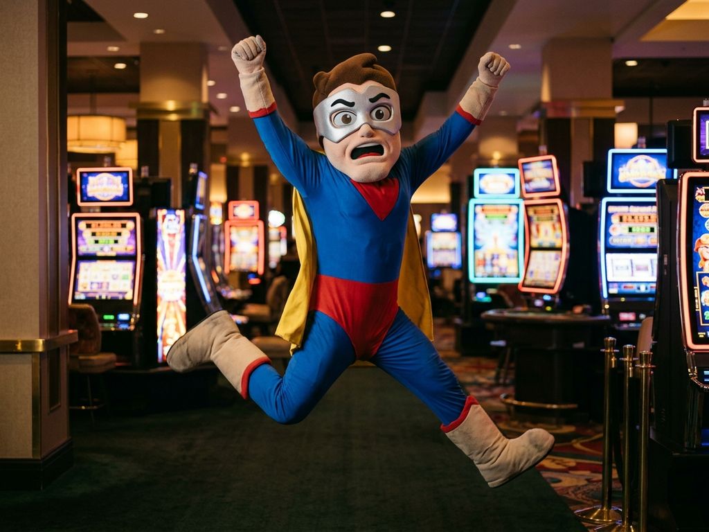 Costumed hero celebrating on casino floor